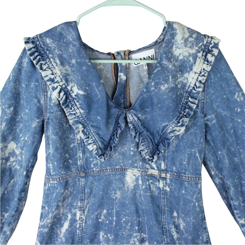 Ganni Light Bleach Denim V-neck Ruffle Collar Dress Size 38 US 6 - Picture 4 of 15